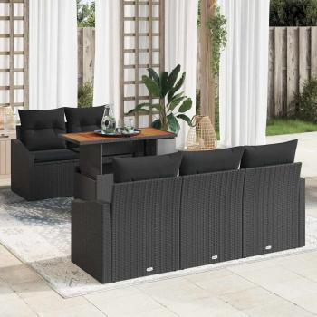 ARDEBO.de - 6 Teiliges Garten Esstisch Set mit Kissen Schwarz Poly Rattan Akazie
