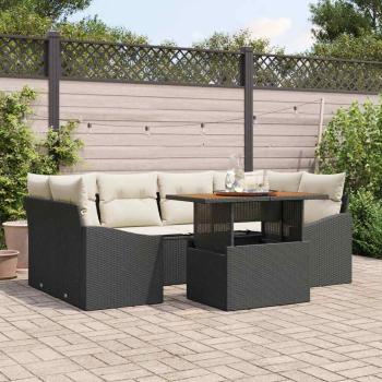 ARDEBO.de - 7-teiliges Garten Esszimmer Set mit Kissen Schwarz Poly Rattan Akazie