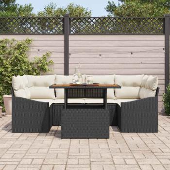 7-teiliges Garten Esszimmer Set mit Kissen Schwarz Poly Rattan Akazie