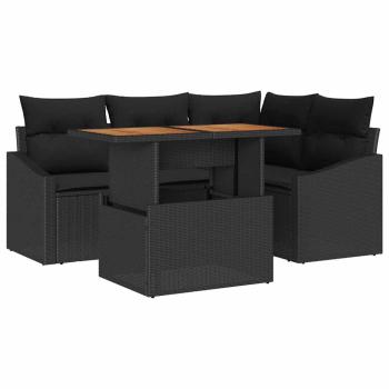 5-teiliges Garten Essset mit Kissen Schwarz Poly-Rattan Akazie