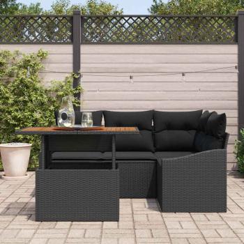 5-teiliges Garten Essset mit Kissen Schwarz Poly-Rattan Akazie