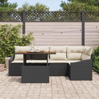 6-teilige Garten-Essgruppe mit Kissen Schwarz Poly Rattan Akazie