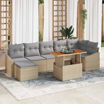 ARDEBO.de - 8-teiliges Garten Esszimmer Set mit Kissen Beige Poly Rattan Akazie
