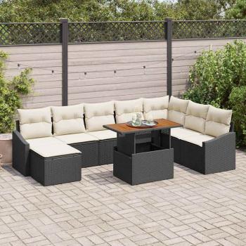 ARDEBO.de - 9-teiliges Garten Essset mit Kissen Schwarz Poly Rattan Akazie