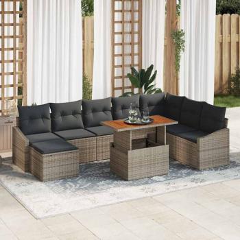 ARDEBO.de - 9-teiliges Garten Esszimmer Set mit Kissen Grau Poly Rattan Akazie
