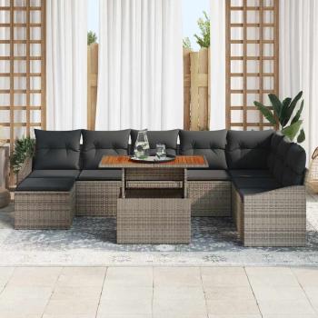 9-teiliges Garten Esszimmer Set mit Kissen Grau Poly Rattan Akazie