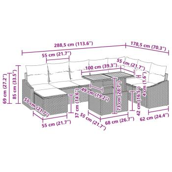9-teiliges Garten Essgruppe mit Kissen Beige Poly Rattan Akazie