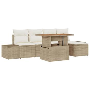 6-teilige Garten Esszimmer Set mit Kissen Beige Poly Rattan Akazie
