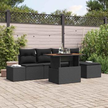ARDEBO.de - 6-teilige Garten-Dining-Set mit Kissen Schwarz Poly-Rattan Akazie
