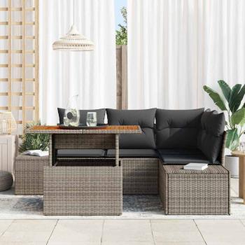 5-teiliges Garten-Ess-Set mit Kissen Grau Poly Rattan Akazie
