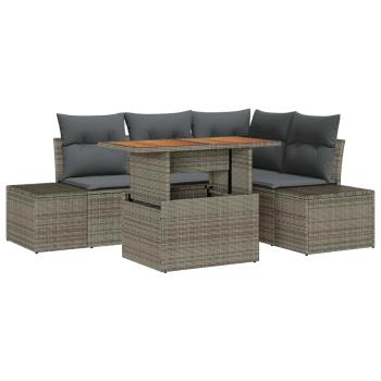 5-teiliges Garten-Ess-Set mit Kissen Grau Poly Rattan Akazie