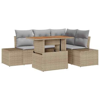5-teilige Garten-Essgruppe mit Kissen ? Beige Poly Rattan Akazie