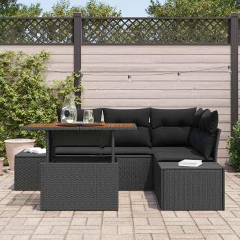 5-teiliges Garten-Ess-Set mit Kissen Schwarz Poly-Rattan Akazie