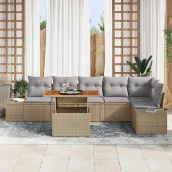 7 Teile Garten-Essgruppe mit Kissen Beige Poly-Rattan Akazie