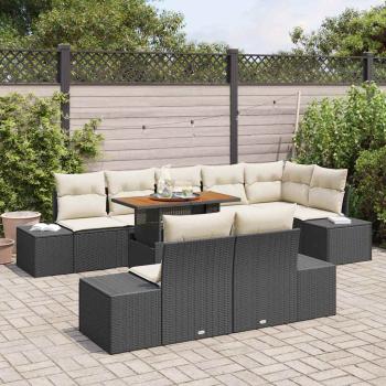 9-teiliges Garten-Esszimmer-Set mit Kissen Schwarz Poly Rattan Akazie