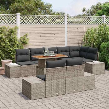9-teiliges Garten Esstischset mit Kissen Grau Poly Rattan Akazie