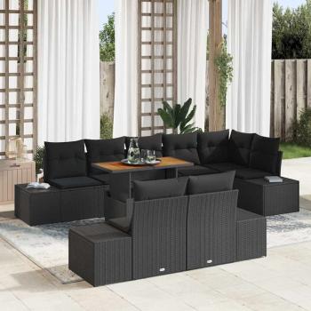 ARDEBO.de - 9-teiliges Garten Esstisch Set mit Kissen Schwarz Poly Rattan Akazie