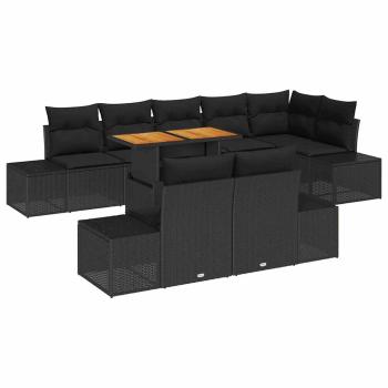 9-teiliges Garten Esstisch Set mit Kissen Schwarz Poly Rattan Akazie