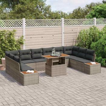 ARDEBO.de - 11-teiliges Garten-Esszimmerset mit Kissen Graues Poly-Rattan Akazie