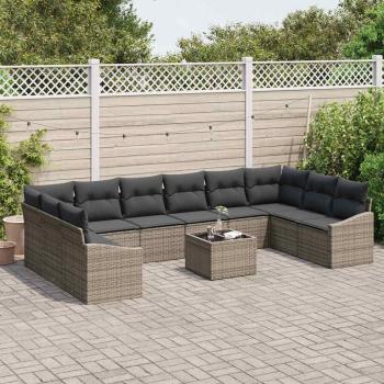 10-teiliges Garten Essset mit Kissen schwarzes Poly Rattan