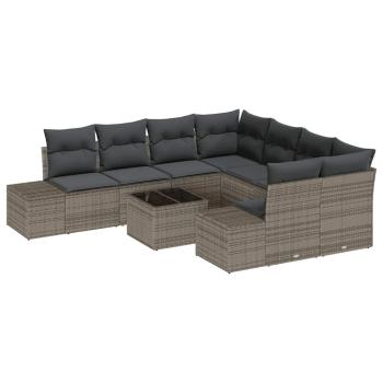 9-teiliges Garten Sofa Set mit Kissen Grau Poly Rattan