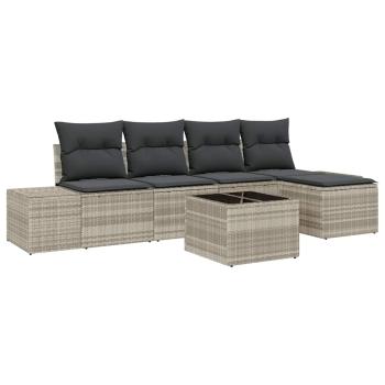 6-teiliges Garten-Sofa-Set mit Kissen Hellgrau Poly-Rattan