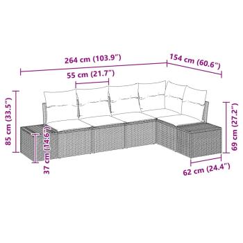 5-Teiliges Garten Sofa Set mit Kissen Beige Poly Rattan