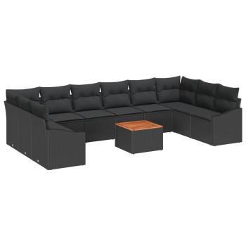 11-teilige Garten Sofa Set mit Kissen Schwarz Poly Rattan Akazie