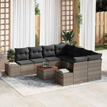 ARDEBO.de - 9-teiliges Garten Sofa Set mit Kissen Grau Poly Rattan Akazie