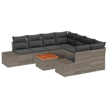 9-teiliges Garten Sofa Set mit Kissen Grau Poly Rattan Akazie