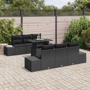 7-teiliges Garten Sofa Set mit Kissen Schwarz Poly Rattan