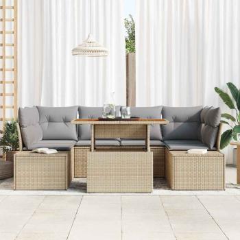 7-teiliges Garten-Sofaset mit Kissen Beige Poly Rattan