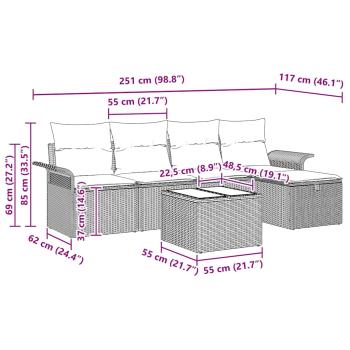 6-teiliges Garten-Sofa-Set mit beigen Kissen aus Poly Rattan