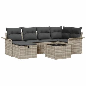 7-teiliges Garten Sofa Set mit Kissen Hellgrau Poly Rattan