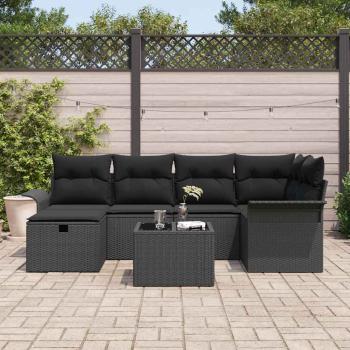 7-teiliges Garten Sofa Set mit Kissen Schwarz Poly-Rattan
