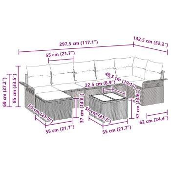 8-teiliges Garten Sofaset mit Kissen Grau Poly-Rattan