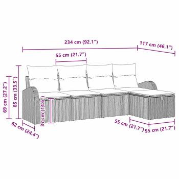 5-teiliges Garten Sofa Set mit Kissen Schwarz Poly Rattan