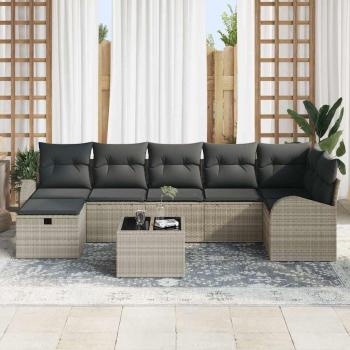 8-teiliges Garten-Sofa-Set mit Kissen, hellgrau, Poly-Rattan
