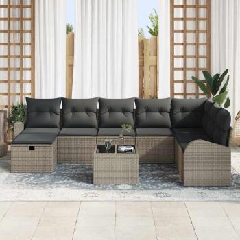 9-teiliges Garten Sofaset mit Kissen Grau Poly Rattan
