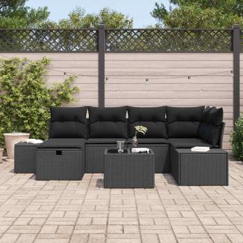 7-teilige Garten-Sofa-Garnitur mit Kissen Schwarz Poly Rattan