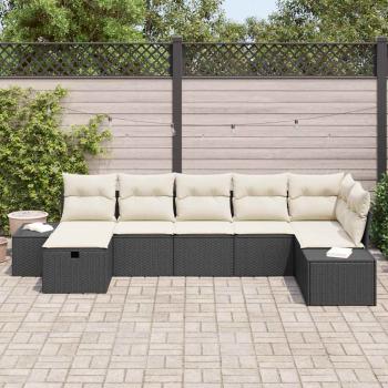 7-teiliges Garten-Sofa-Set mit Kissen in schwarzem Poly-Rattan