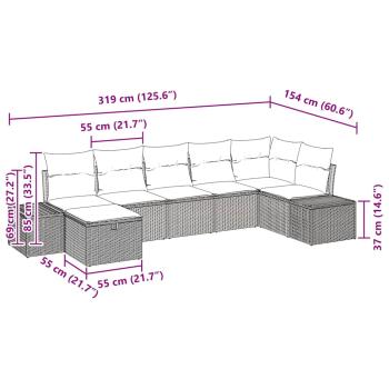 7-teiliges Garten-Sofa-Set mit Kissen in schwarzem Poly-Rattan