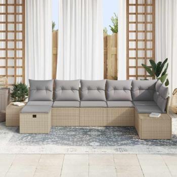 7-teiliges Garten-Sofa Set mit Kissen Beige Poly-Rattan