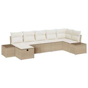7-teiliges Garten-Sofa-Set mit Kissen Beige Poly Rattan
