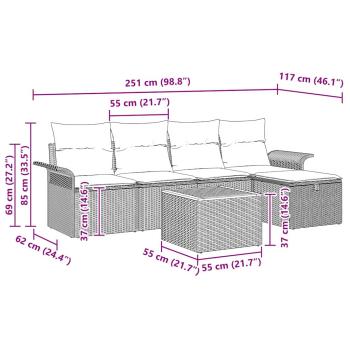 6-teiliges Garten Sofaset mit Kissen Grau Poly Rattan