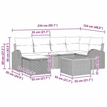 7-teiliges Garten Sofa Set mit Kissen Grau Poly Rattan