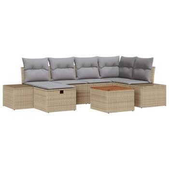 7-teiliges Garten-Sofa-Set mit Kissen Beige Poly Rattan