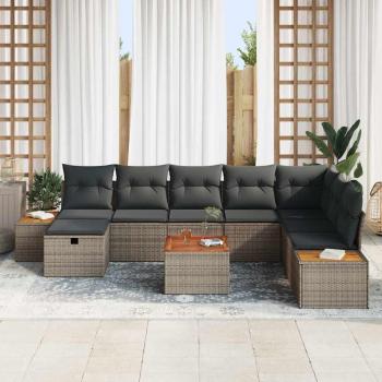 9 teiliges Garten Sofa Set mit Kissen Grau Poly Rattan