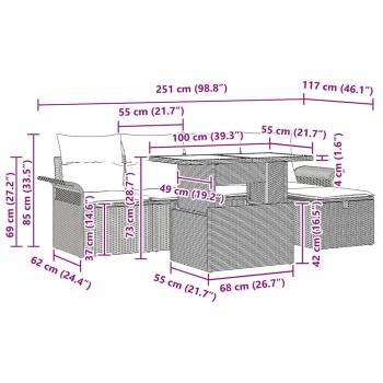 6-teiliges Garten-Sofa-Set mit Kissen in Hellgrau Poly-Rattan