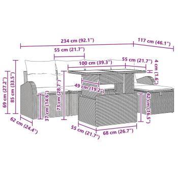6-teiliges Garten Sofaset mit Kissen Grau Poly Rattan